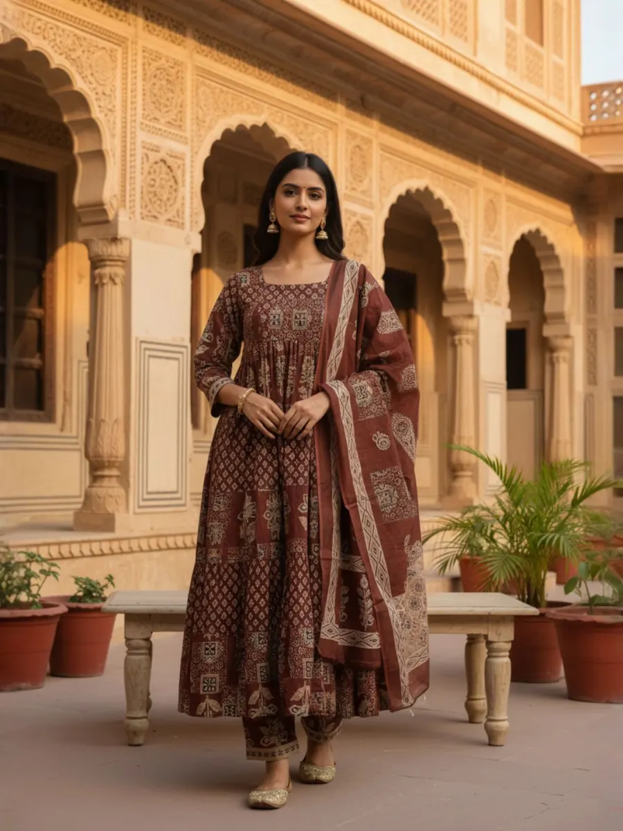 Mehr Maroon Pure Mull Cotton Anarkali Set