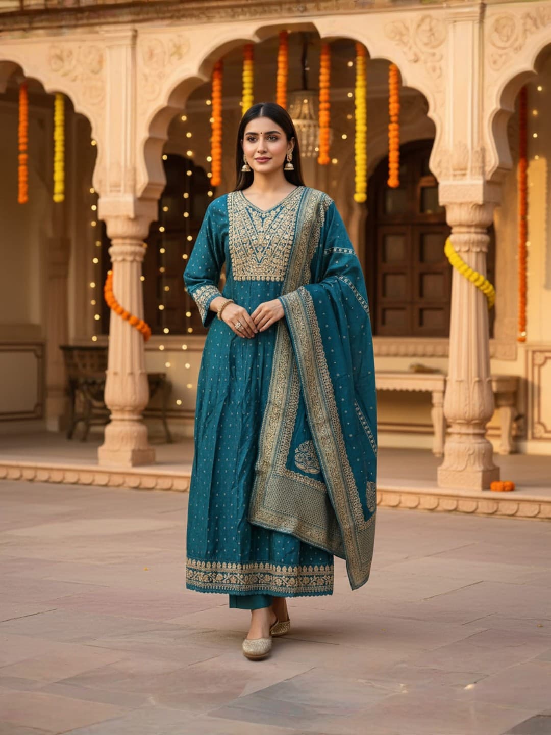 Zareen Teal Heritage Embroidered Suit Set image 1