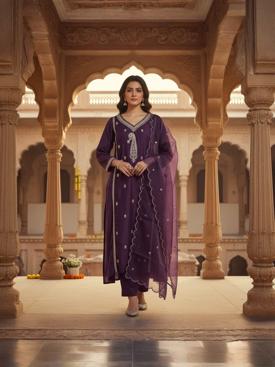 ZIVA Royal Plum Embroidered Suit Set image 1